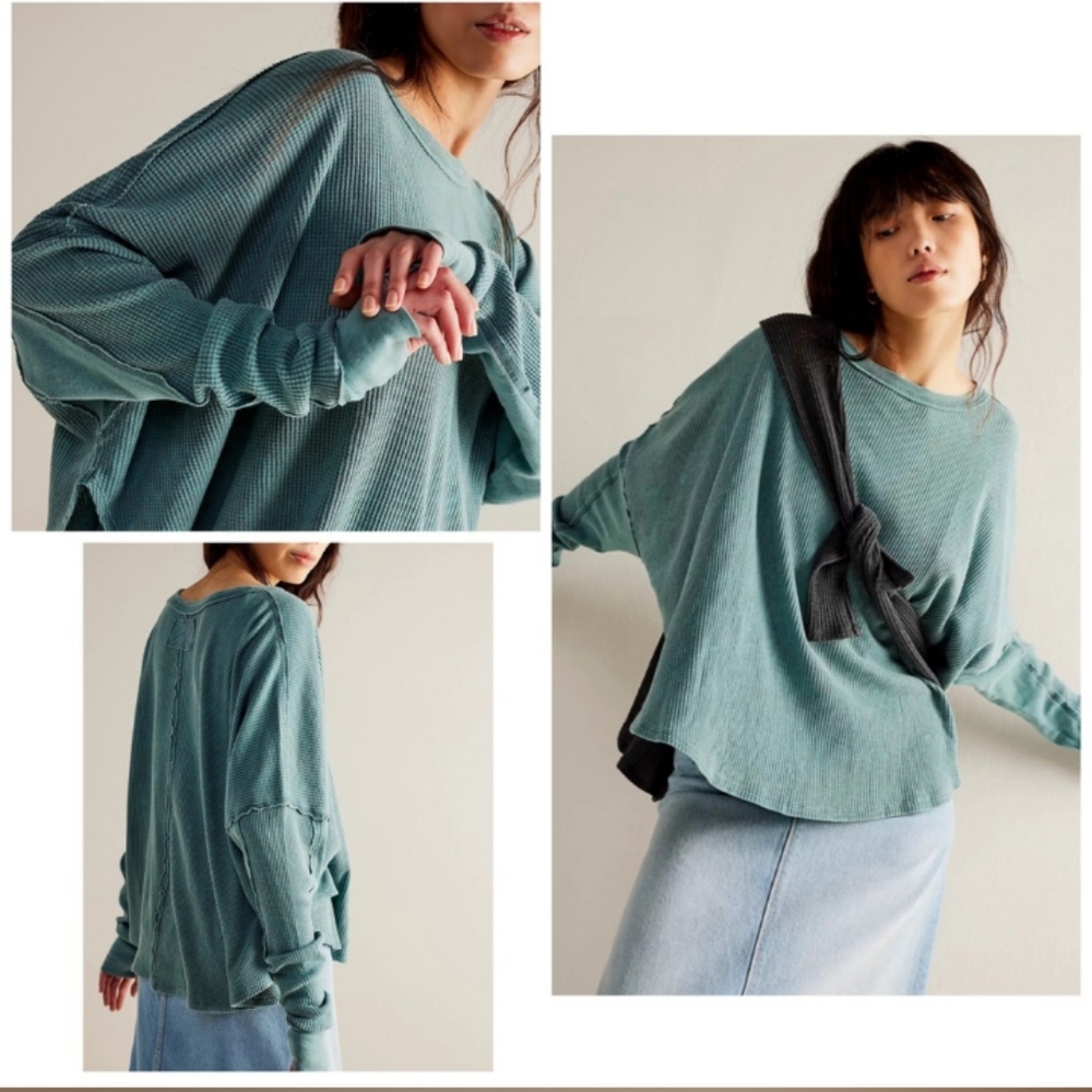 New! Free People Microphone Drop Thermal We The Free in Silver Pine - Picture 7 of 8